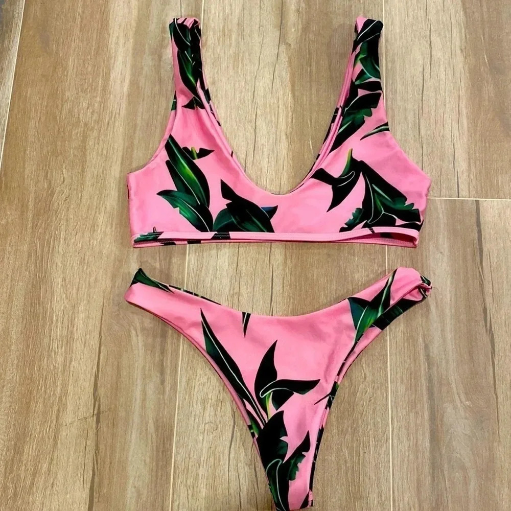 SHEIN Pink and Green Bikini Set with Triangle Top